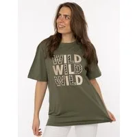 Zwillingsherz T-Shirt "Wild Wild Wild" großer, gestickter Schriftzug mit Leomuster, Rundhals