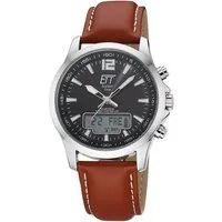 ETT Funkchronograph Professional World Timer EGA-11713-21L, Armbanduhr, Solar, Herrenuhr, Lederarmband, analog, digital, Tag