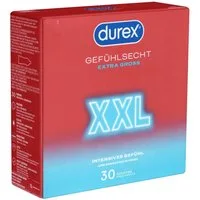 durex XXL-Kondome Gefühlsecht XXL Packung mit, 30 St., extra große und hauchzarte Markenkondome mit Easy-On™-Passform