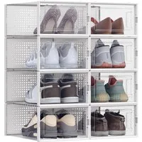 SONGMICS Schuhbox Schuh-Organizer, faltbar und stapelbar, transparent-weiß (8 St), aus Kunststoff, für Schuhe bis Größe 44, 31,2 x 22,5 x 13,5 cm