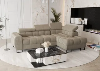 Ecksofa Schlafsofa BASTIEN in Stoff Terra Beige Ottomane Rechts