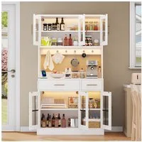 Ulife Küchenbuffet Küchen-Anrichte mit LED und Steckdose, 6 Türen, 2 Schubladen (1-St) Landhausstil, verstellbare Böden, goldene Griffe, weiß 180×100 cm