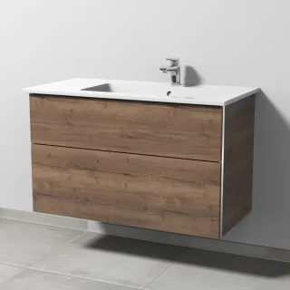 Sanipa 3way Keramik-Set Venticello Keramik-Waschtisch und Unterbau mit 2 Auszügen, Eiche-Tabak BR32650