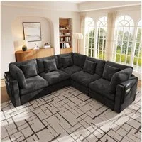 Merax Ecksofa Modulsofa flexible Eckcouch L-förmiges Sofa aus Chenille, 226×226×81cm 1 Teile, 5-Sitzer-Sofa mit 5 Kissen, Seitentaschen & breite Sitzfläche