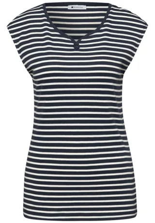 Street One - Gestreiftes T-Shirt mit V-Ausschnitt und Knopfleiste blau - Gr. - 38