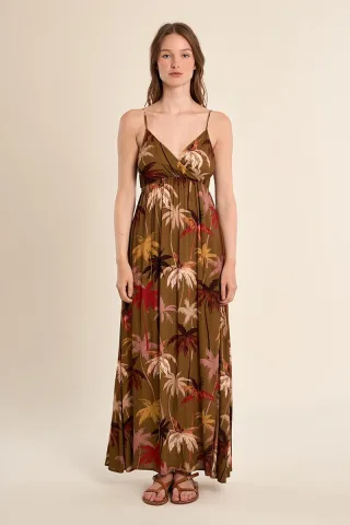 molly bracken - Maxikleid mit V-Ausschnitt und Spaghettiträgern braun/grün - Gr. - S