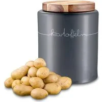 KHG Vorratsdose für Kartoffeln aus Steinzeug mit Akazienholzdeckel und Belüftung, Steingut, Belüftete Aufbewahrungsdose für Kartoffeln stilvoll & langlebig