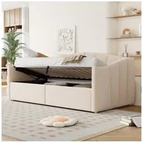 Merax Daybett 90×200cm mit hydraulischem Stauraum, Lattenrost & Armlehnen (1 tlg), Polsterbett Tagesbett Jugendbett Schlafsofa Sofabett aus Samtstoff