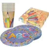 Party Factory Pappteller Back to School Party-Set 8 Pappteller 8 Pappbecher und 20 Servietten, Buchstaben Design