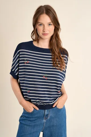 molly bracken - Kurzärmeliger Strickpullover mit Streifenmuster blau - Gr. - S