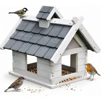 Mucola Vogelhaus Vogelvilla Grau Weiß Holz Vogelfutterhaus Vogelhaus Dach Vogelhäuschen, Eine kleine Erhöhung am Rand sorgt dafür, dass kein Futter herausfällt