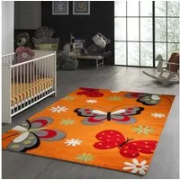 TeppichHome24 Kinderteppich Kinderteppich Schmetterling Design Orange Rot Grau Grün Weiss, rechteckig, Höhe: 13 mm