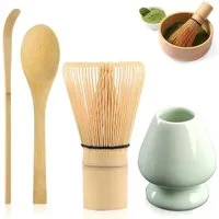 Kityhome Teeservice Matcha 4 Set Teeservice Set,Matcha-Kaffee zubereitung, Matcha-Kuchen, Aus Bambus mit 2*Matcha Löffel 1*Besenhalter 1*Bambus Matcha Besen
