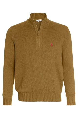 U.S. POLO ASSN. Herren Zip Troyer – Pullover mit Stehkragen – Eleganter Langarm Strickpullover in Beige