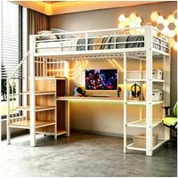 Flieks Hochbett Metallbett 90x200cm mit Lochblech, Schreibtisch, LED& Aufladen, Regal
