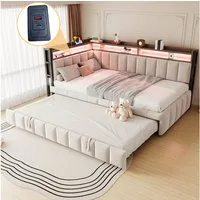 Merax Daybett 90x200cm Schlafsofa mit LED-Beleuchtung & USB-Anschluss (Sofabett Jugendbett Kinderbett, 1 tlg), Polsterbett Samtstoff Tagesbett mit Ausziehbett Stauraum Ablagefächern