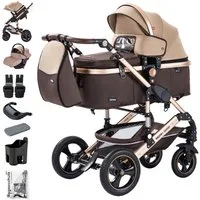 Daliya® Kombi-Kinderwagen BAMBIMO 3in1 Kinderwagen & Buggy mit Auto-Babyschale und Adapter, (XXL-Set inkl. Wickeltasche und Spieltisch, 15-tlg), Babyschale, Airless-Räder, Federung, weiche Matratze, Belüftungssystem