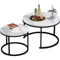 Merax Couchtisch Set rund Satztisch Wohnzimmertisch 1,5 cm Platte, Marmoroptik, 2er Set, Satztisch Wohnzimmertisch, Industrial