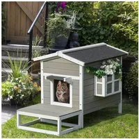 PawHut Tierhöhle Katzenhöhle, Kleintierhaus, mit Terrasse, für Katzen Hunde, für Garten, Balkon, Grau + Weiß