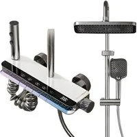 LuxaSteel Duscharmatur Thermostat Duschsystem grau – 4-in-1 Duschpaneel mit LED Beleuchtung (Komplettset, Komplett-Set) mit LED-Beleuchtung & Temperaturanzeige