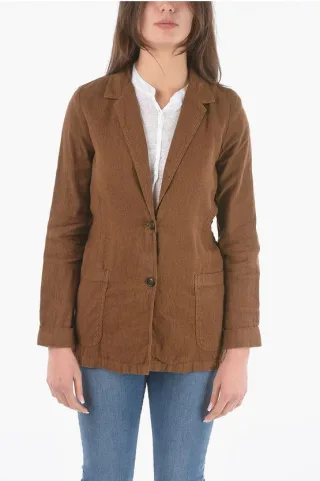 Nadelstreifen-Blazer aus Flachs und Baumwolle mit 2 Knöpfen in Braun