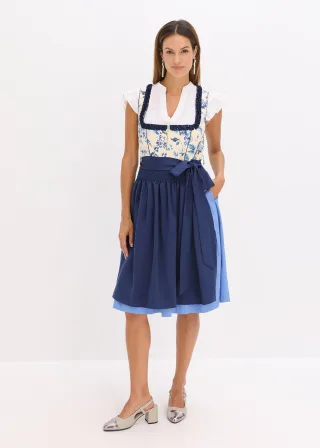 bonprix Dirndl mit bestickter Schürze (2-tlg.Set), blau, Gr.52, Modern und feminin: Dirndl mit Borte und Schürze aus glänzendem Satin, mit seinem Allover-Druck macht es jedes Teil zu einem Unikat