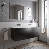Bernstein Waschbeckenunterschrank AVA Schwarz matt 140cm Waschbecken Weiß matt ohne Hahnloch Waschtischunterschrank mit Mineralguss-Doppelwaschbecken 2 Schubladen