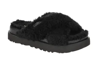 UGG 1120860 BLK FUZZ SUGAR CROSS SLIDE Damen Pantoletten Schwarz bequem & warm