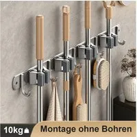 ANYSUN Wandhaken Besenhalterung Wand mit 4 Halter und 5 Haken Gartengerätehalter, Besen, Mopp, Badezimmer, ohne Bohren und Bohren Wand Gerätehalter, Wandhalter