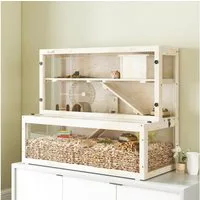 PawHut Kleintierkäfig 3 Etagen Hamsterkäfig mit Sichtfenster, Laufrad, Rampe, für Hamster, Zwerghamster, 100x50x84 cm, Naturholz