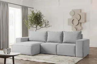 Ecksofa Designersofa ESTELLE in Stoff Opera Velvet Hellgrau Ottomane Links