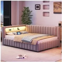 MODFU Polsterbett Daybett Tagesbett Polsterbett Doppelbett Kinderbett Gästebett (mit LED-Licht, USB-Anschluss, Rückenlehne und stabilem Rahmen, für Schlafzimmer & Gästezimmer, 140x200 cm), Ohne Matratze