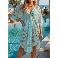 Lovolotti Strandkleid Sommerkleid mit Palmenprint Luftige Chiffon-Tunika mit V-Ausschnitt Sommer-Kaftan in Türkis, Kurzarm, Freizeitkleid für Strand Urlaub