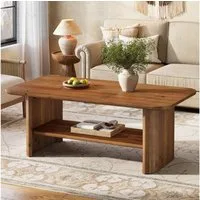 Tribesigns Couchtisch Massivholz Couchtisch 120 cm, 2-stufig, rechteckig, stabil, Braun, Massivholz