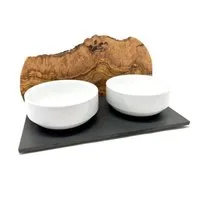 Olivenholz-erleben Futterstation 2-in-1 Wasser & Futter Cats DUO MOUNTAIN Olivenholz, 2x 0,4l Schalen, Porzellan, Einzigartiger „Berg-Effekt“ aus Olivenholz – jedes Stück ein Kunstwerk