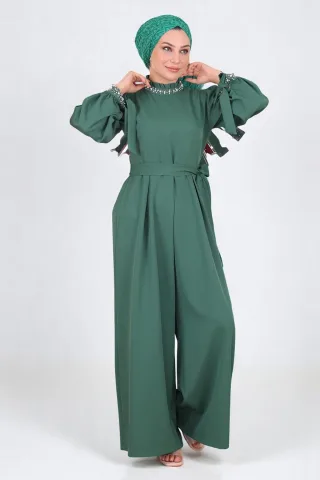 Perlen Detailed Jumpsuit-Kleid Smaragdgrün