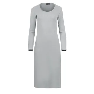 Langärmliges Midikleid mit Rundhalsausschnitt aus gerippter Baumwoll-Elastan-Mischung in Grau mit Seitenschlitzen