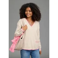 Laura Scott V-Ausschnitt-Pullover mit aufgesetzter Tasche und lässiger Passform mit Kontraststreifen