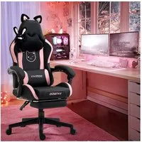 Dowinx Gaming-Stuhl Süße Katze Edition mit Katzenohren und Plüschtier (Packung), Ergonomischer Stuhl mit Hoher Rückenlehne und Lendenwirbelstütze