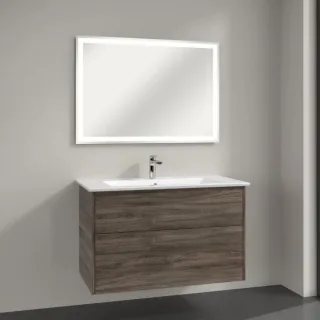 Villeroy & Boch Finero Badmöbel Set 100 cm Stone Oak Waschtisch mit Waschtischunterschrank und Spiegel