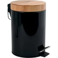 MSV Kosmetikeimer AZA, Edelstahl Treteimer, Deckel aus Bambus, mit Softclose-Absenkautomatik, 3L, schwarz
