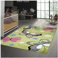 TeppichHome24 Kinderteppich Kinderteppich Schmetterling Design Grün Pink Grau Türkis Weiss, rechteckig, Höhe: 13 mm