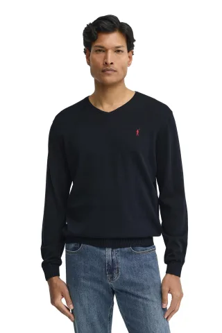Pullover marineblau mit V-Kragen und Rigby Go Stickerei
