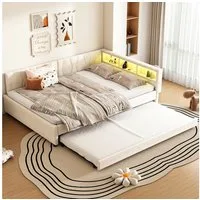 Flieks Daybett, LED Polsterbett Schlafsofa 140x200cm & Ausziehbett 90x190cm & Aufladen