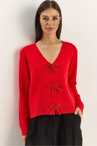 Knopf-Detaillierter Strick-V-Ausschnitt-Cardigan