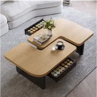 MODFU Couchtisch LED-Holz-Kaffeetisch im 2-in-1-Modul-Design, Höhenverstellbar (Wohnzimmertisch mit Stauraum & Soft-Corner, ideal für Familien, Wohnzimmer & Homeoffice)
