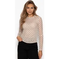 SASSYCLASSY Langarmshirt Mesh Langarmshirt mit Punkten für Damen Anliegendes Shirt aus Mesh mit gefütterter Vorderseite Beige Schwarz