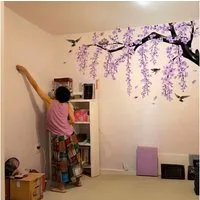 Montegoni Wandsticker Lila Kirschblüten Wandsticker Vögel Blumen Wandtattoo Wohnzimmer (Mehrteiliges Wandtattoo Set, 4 Stück Blumen Wandsticker), Selbstklebend farbstabil elegant asiatisch inspiriert