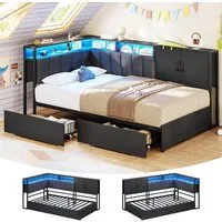 KIMENICH Polsterbett Schlafsofa mit LED-Beleuchtung, Jugendbett mit 2 Schubladen (1-tlg., Ohne Matratze), Kopfteil mit offenem Regal und Schrank, 90x200cm