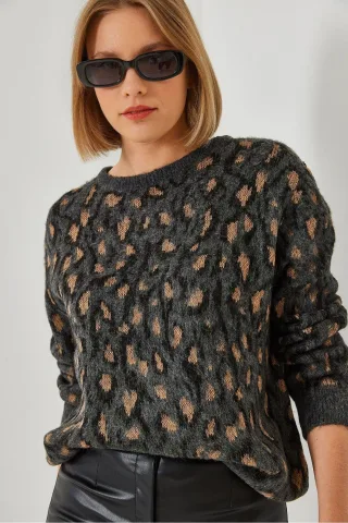 Leopardenmuster Rundhals-Pullover